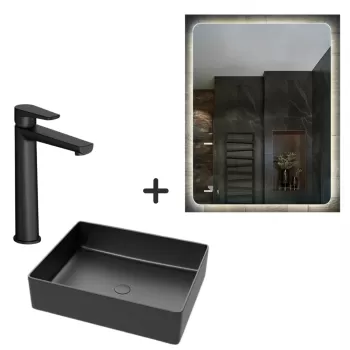 Set lavoar baie negru, baterie plus oglinda dreptunghiulara cu iluminare LED si dezaburire Verona imagine