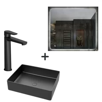 Set lavoar baie negru, baterie plus oglinda patrata cu iluminare LED si dezaburire Verona imagine
