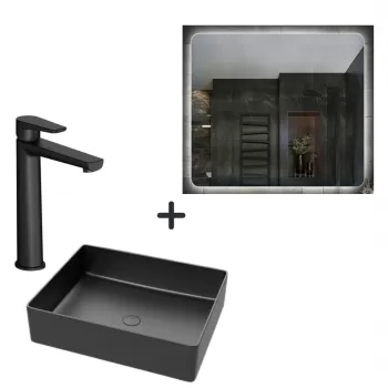 Set lavoar baie negru, baterie plus oglinda patrata cu iluminare LED si dezaburire Verona imagine