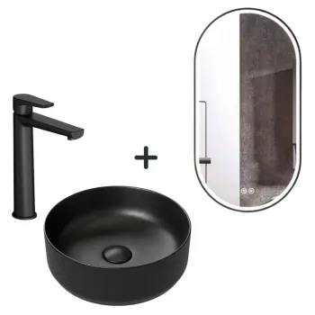 Set lavoar baie rotund, baterie plus oglinda ovala cu iluminare LED si dezaburire Dali imagine