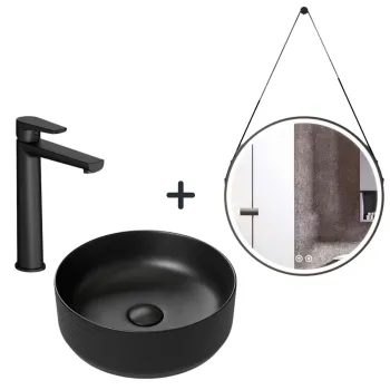 Set lavoar baie rotund, baterie plus oglinda rotunda cu iluminare LED Mona New imagine