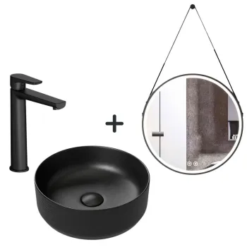 Set lavoar baie rotund, baterie plus oglinda rotunda cu iluminare LED Mona New imagine