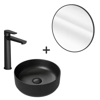Set lavoar baie rotund, baterie plus oglinda rotunda rama neagra imagine