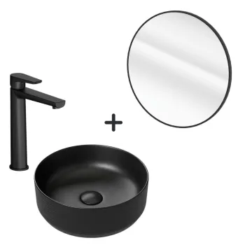 Set lavoar baie rotund, baterie plus oglinda rotunda rama neagra imagine