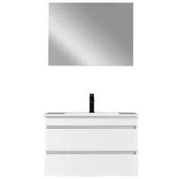 Set mobilier baie alb lucios cu lavoar ceramic 80 cm si oglinda 60x80 cm, Leziter Cube imagine