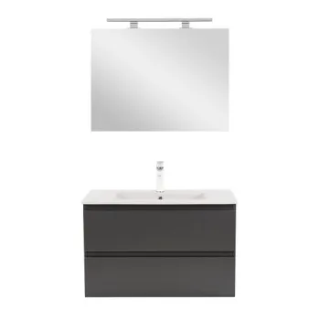 Set mobilier baie antracit cu lavoar ceramic 80 cm si oglinda 60x80 cm, Leziter Vario Forte imagine