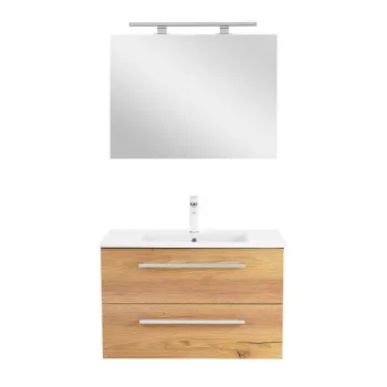 Set mobilier baie antracit-stejar cu lavoar ceramic 80 cm si oglinda 60x80 cm, Leziter Vario Clam imagine