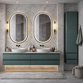 Set mobilier baie complet KolpaSan Alexis verde mat cu lavoare, dulap suspendat si oglinzi Led imagine