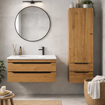 Set mobilier baie complet KolpaSan Malaya stejar natur cu lavoar compozit, dulap suspendat si oglinda imagine