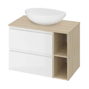 Set mobilier baie pentru lavoar, 2 sertare, blat inclus, polite prosop, alb-stejar, 80 cm, Cersanit Moduo imagine