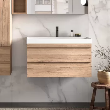 Set mobilier baie suspendat cu lavoar inclus, culoare lemn natural, 80 cm, KolpaSan Naomi imagine