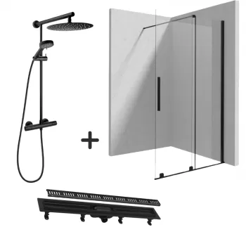 Set paravan dus walk-in 100x195 cm, rigola si coloana de dus cu baterie termostatata negru mat Anima imagine