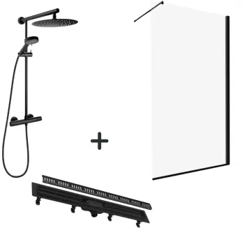 Set paravan dus walk-in 100x200 cm, rigola si coloana de dus cu baterie termostatata negru mat Anima imagine