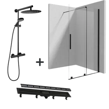 Set paravan dus walk-in 120x195 cm, rigola si coloana de dus cu baterie termostatata negru mat Anima imagine