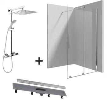 Set paravan dus walk-in 90x195 cm, rigola si coloana de dus cu baterie termostatata crom Anima imagine