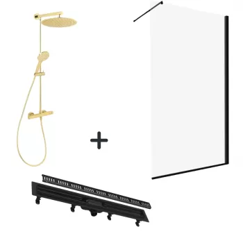 Set paravan dus walk-in 90x200 cm, rigola si coloana de dus cu baterie termostatata aurie Anima imagine