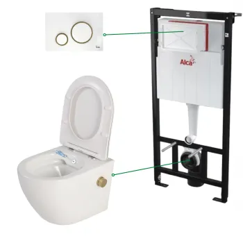 Set vas wc alb cu functie bideu si baterie auriu mat Foglia Oslo, rezervor incastrat si clapeta alba cu detalii aurii, Alcadrain imagine