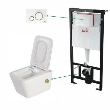 Set vas wc alb cu functie bideu si baterie auriu mat Foglia Safari, rezervor incastrat si clapeta alba cu detalii aurii, Alcadrain imagine