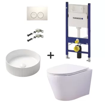 Set vas wc rimless alb cu capac soft close, lavoar rotund cu ventil, plus rezervor incastrat cu set fixare si clapeta alba imagine