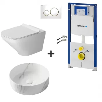 Set vas wc rimless cu capac soft close, lavoar baie efect marmura rotund si rezervor wc cu clapeta alba imagine