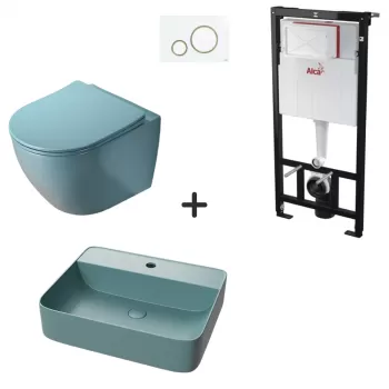 Set vas wc rimless cu capac soft close, lavoar baie verde turcoaz si rezervor wc cu clapeta alba detalii aurii imagine