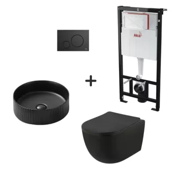 Set vas wc rimless negru cu capac soft close, lavoar rotund cu ventil, plus rezervor incastrat si clapeta de actionare neagra imagine