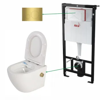 Set vas wc suspendat alb cu functie bideu si baterie auriu mat Foglia Oslo, rezervor incastrat si clapeta alama periat, Alcadrain imagine