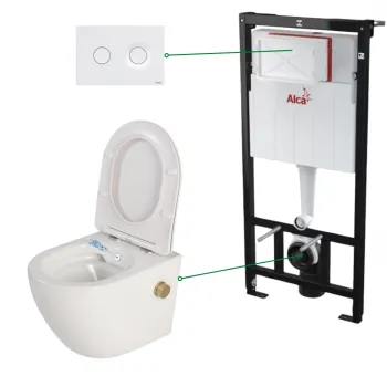 Set vas wc suspendat alb cu functie bideu si baterie auriu mat Foglia Oslo, rezervor incastrat si clapeta alb mat, Alcadrain imagine