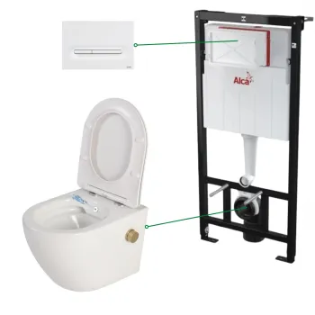 Set vas wc suspendat alb cu functie bideu si baterie auriu mat Foglia Oslo, rezervor incastrat si clapeta alb mat, Alcadrain imagine