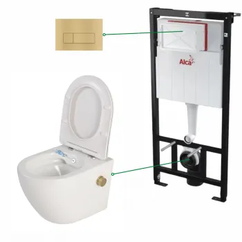 Set vas wc suspendat alb cu functie bideu si baterie auriu mat Foglia Oslo, rezervor incastrat si clapeta auriu mat, Alcadrain imagine