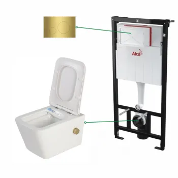 Set vas wc suspendat alb cu functie bideu si baterie auriu mat Foglia Safari, rezervor incastrat si clapeta alama periat, Alcadrain imagine