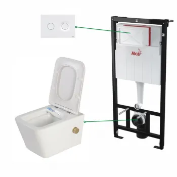 Set vas wc suspendat alb cu functie bideu si baterie auriu mat Foglia Safari, rezervor incastrat si clapeta alb mat, Alcadrain imagine