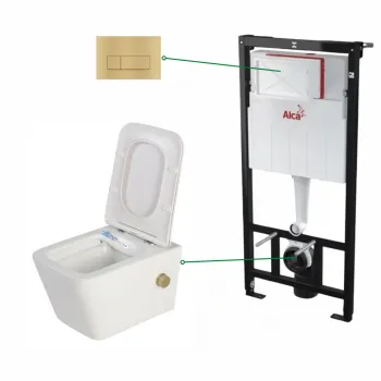 Set vas wc suspendat alb cu functie bideu si baterie auriu mat Foglia Safari, rezervor incastrat si clapeta auriu mat, Alcadrain imagine