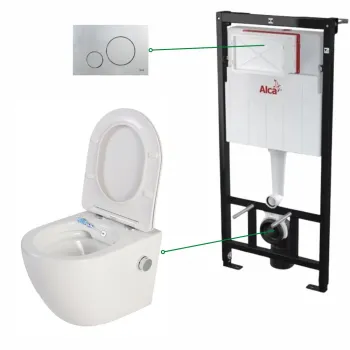 Set vas wc suspendat alb cu functie bideu si baterie crom mat Foglia Oslo, rezervor wc incastrat si clapeta crom mat, Alcadrain imagine