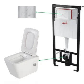 Set vas wc suspendat alb cu functie bideu si baterie crom mat Foglia Safari, rezervor wc incastrat si clapeta aluminiu mat , Alcadrain imagine