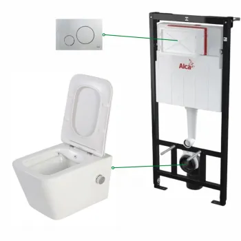 Set vas wc suspendat alb cu functie bideu si baterie crom mat Foglia Safari, rezervor wc incastrat si clapeta crom mat, Alcadrain imagine