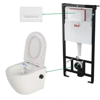 Set vas wc suspendat alb cu functie bideu si baterie negru mat Foglia Oslo, rezervor incastrat si clapeta alb mat, Alcadrain imagine