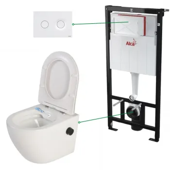 Set vas wc suspendat alb cu functie bideu si baterie negru mat Foglia Oslo, rezervor incastrat si clapeta alb mat, Alcadrain imagine