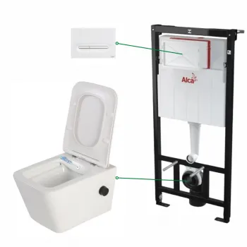 Set vas wc suspendat alb cu functie bideu si baterie negru mat Foglia Safari, rezervor incastrat si clapeta alb mat, Alcadrain imagine