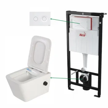 Set vas wc suspendat alb cu functie bideu si baterie negru mat Foglia Safari, rezervor incastrat si clapeta alb mat, Alcadrain imagine