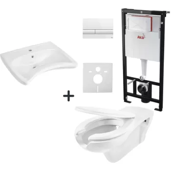 Set vas wc suspendat cu capac soft close, lavoar baie pentru persoane cu dizabilitati si rezervor wc cu clapeta alba imagine