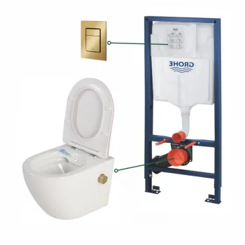 Set vas wc suspendat cu functie bideu alb si baterie inclusa auriu mat Foglia Oslo, rezervor wc incastrat si clapeta auriu periat, Grohe imagine