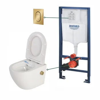 Set vas wc suspendat cu functie bideu alb si baterie inclusa auriu mat Foglia Oslo, rezervor wc incastrat si clapeta auriu periat, Grohe imagine