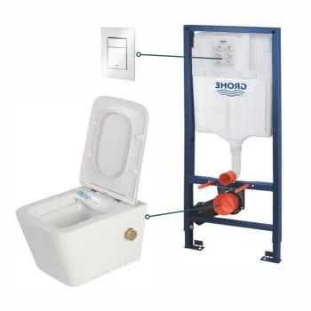 Set vas wc suspendat cu functie bideu alb si baterie inclusa auriu mat Foglia Safari, rezervor wc incastrat si clapeta alb alpin, Grohe imagine