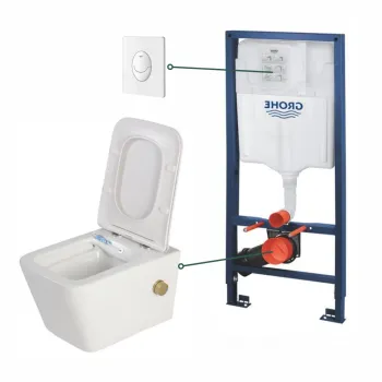 Set vas wc suspendat cu functie bideu alb si baterie inclusa auriu mat Foglia Safari, rezervor wc incastrat si clapeta alb lucios, Grohe imagine