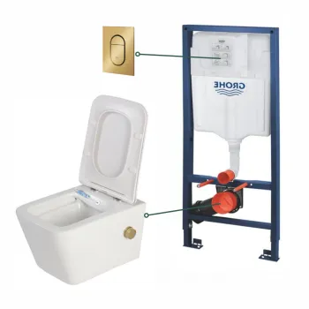 Set vas wc suspendat cu functie bideu alb si baterie inclusa auriu mat Foglia Safari, rezervor wc incastrat si clapeta auriu periat, Grohe imagine