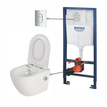 Set vas wc suspendat cu functie bideu alb si baterie inclusa crom Foglia Oslo, rezervor wc incastrat si clapeta crom lucios, Grohe imagine