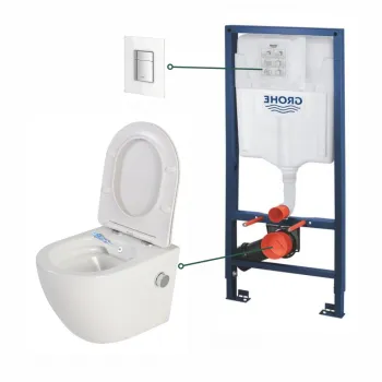 Set vas wc suspendat cu functie bideu alb si baterie inclusa crom Foglia Oslo, rezervor wc incastrat si clapeta din sticla alba, Grohe imagine