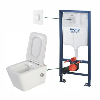 Set vas wc suspendat cu functie bideu alb si baterie inclusa crom Foglia Safari, rezervor wc incastrat si clapeta alb lucios, Grohe imagine