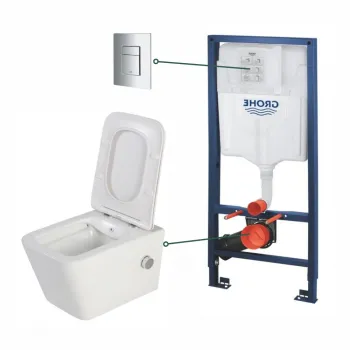 Set vas wc suspendat cu functie bideu alb si baterie inclusa crom Foglia Safari, rezervor wc incastrat si clapeta crom, Grohe imagine